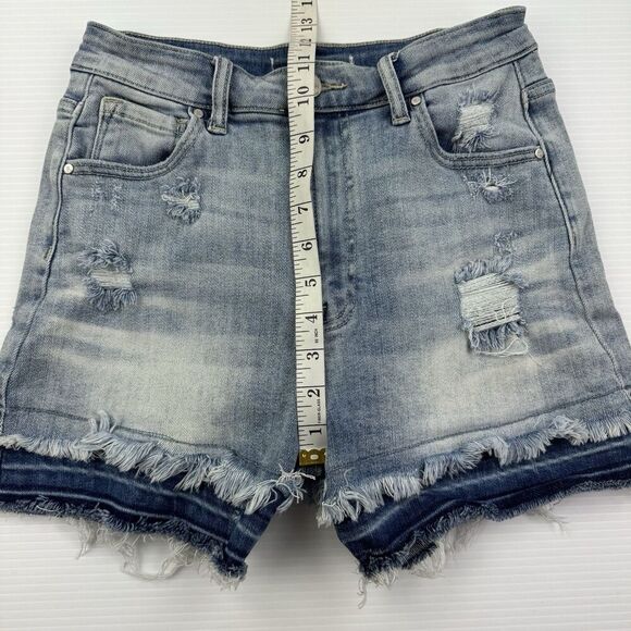 RISEN High Rise Frayed Hem Distressed Jean Shorts Raw Hem Light Wash Size 2 - Picture 9 of 10